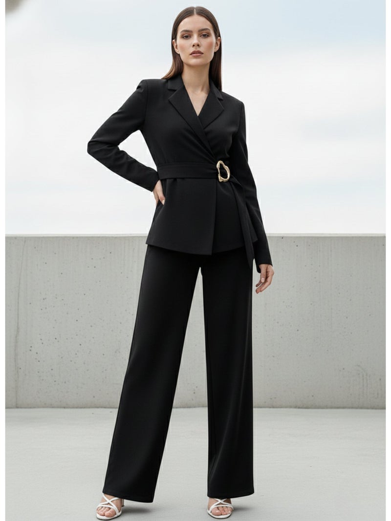OUTZIDR Black Full Sleeve Belted Detail Top And Pant Set - Image 1